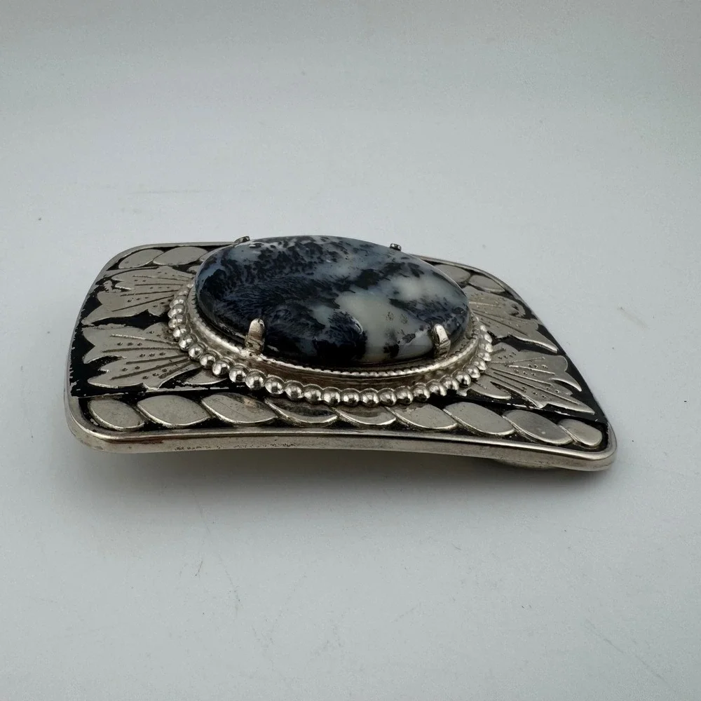 Belt Buckle Silver Tone Dendritic Agate Western Leaf Engraved